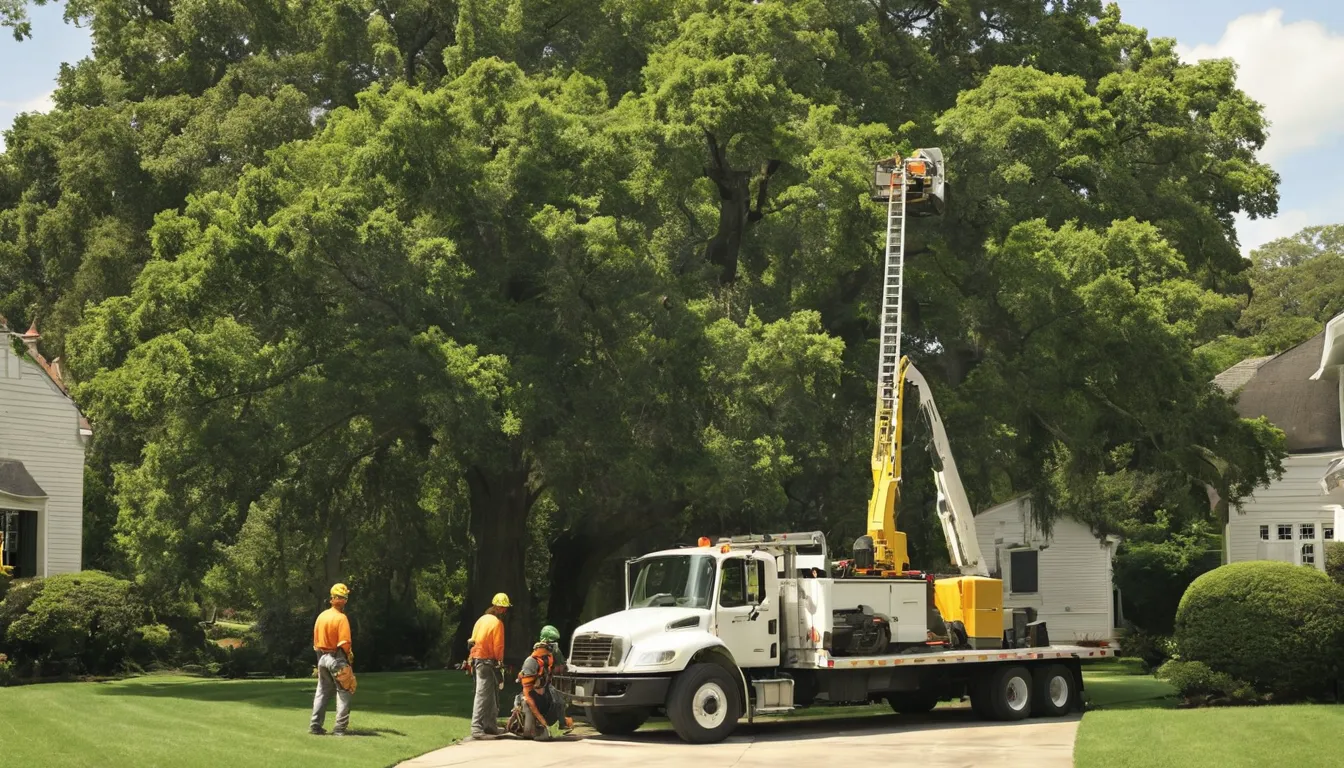 A tree removal provider cutting down a large backyard tree near a home in College Park